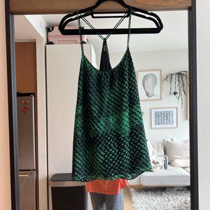Theory Shirao Blurred Silk Cami in Black and Green Abstract Print